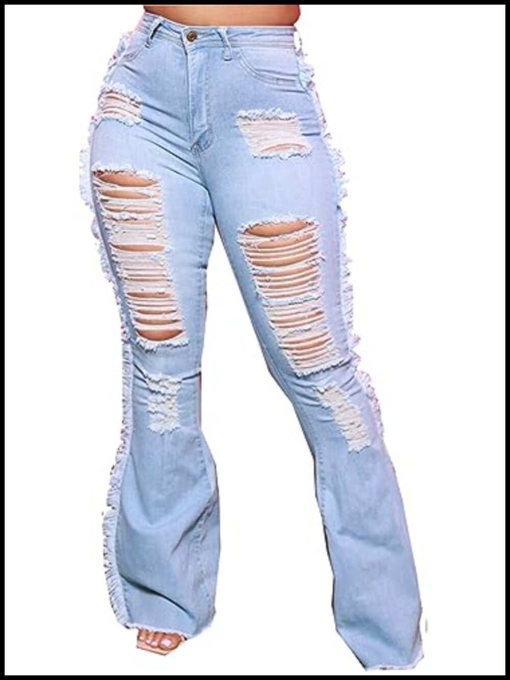 High Waisted Ripped Flare Bell Bottom Jeans Stretch Denim Tummy Control